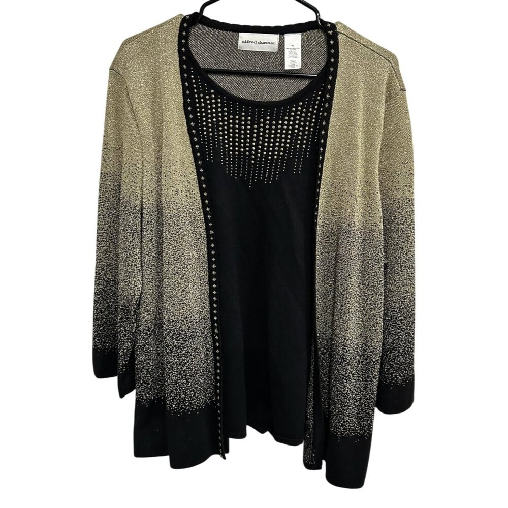 Alfred Dunner Metallic Studded Twinset Sweater Top Ensemble Black Gold Sz XL